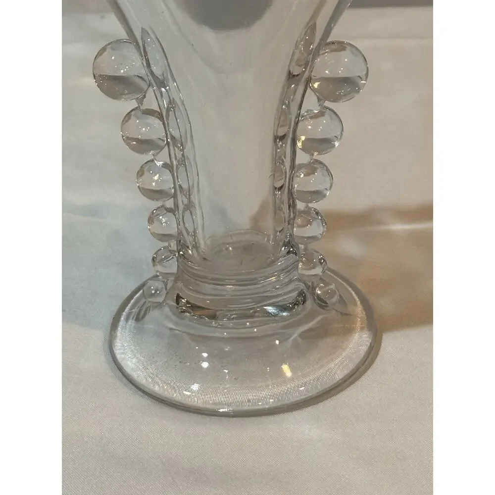 Imperial Glass Candlewick Clear Fan Vase 8.5” Beaded Rim Bubble Handles Vintage